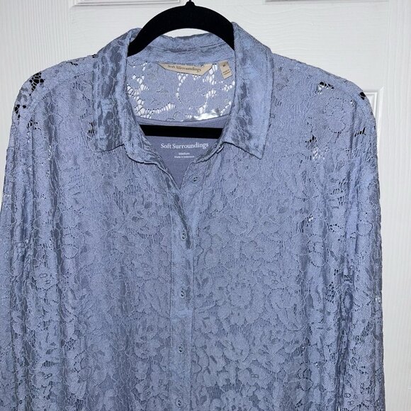 Soft Surroundings Blue Lisa Lace Button Front Long Sleeve Shirt Set Size Medium - Picture 3 of 8